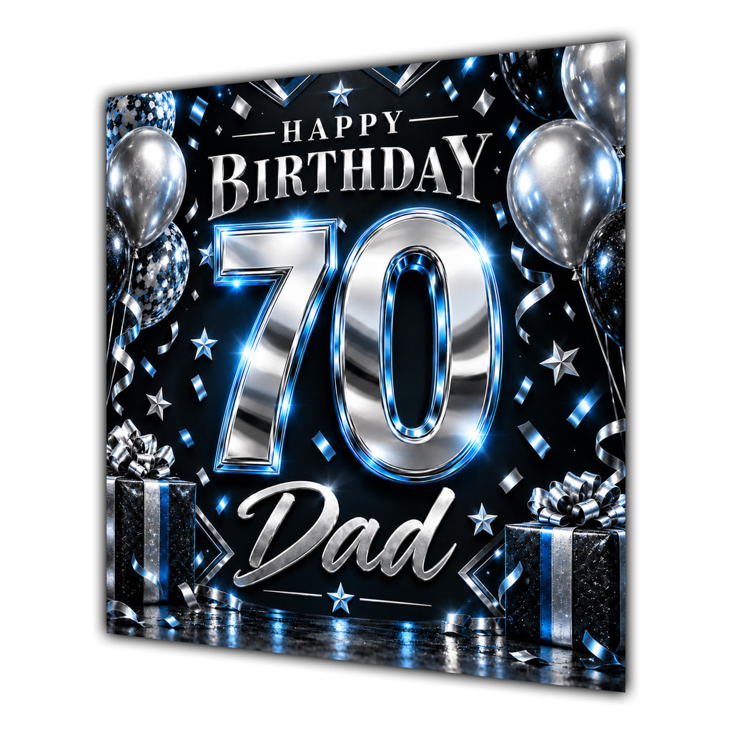 Dad 70th Birthday Card Blue Silver Effect Number Stars