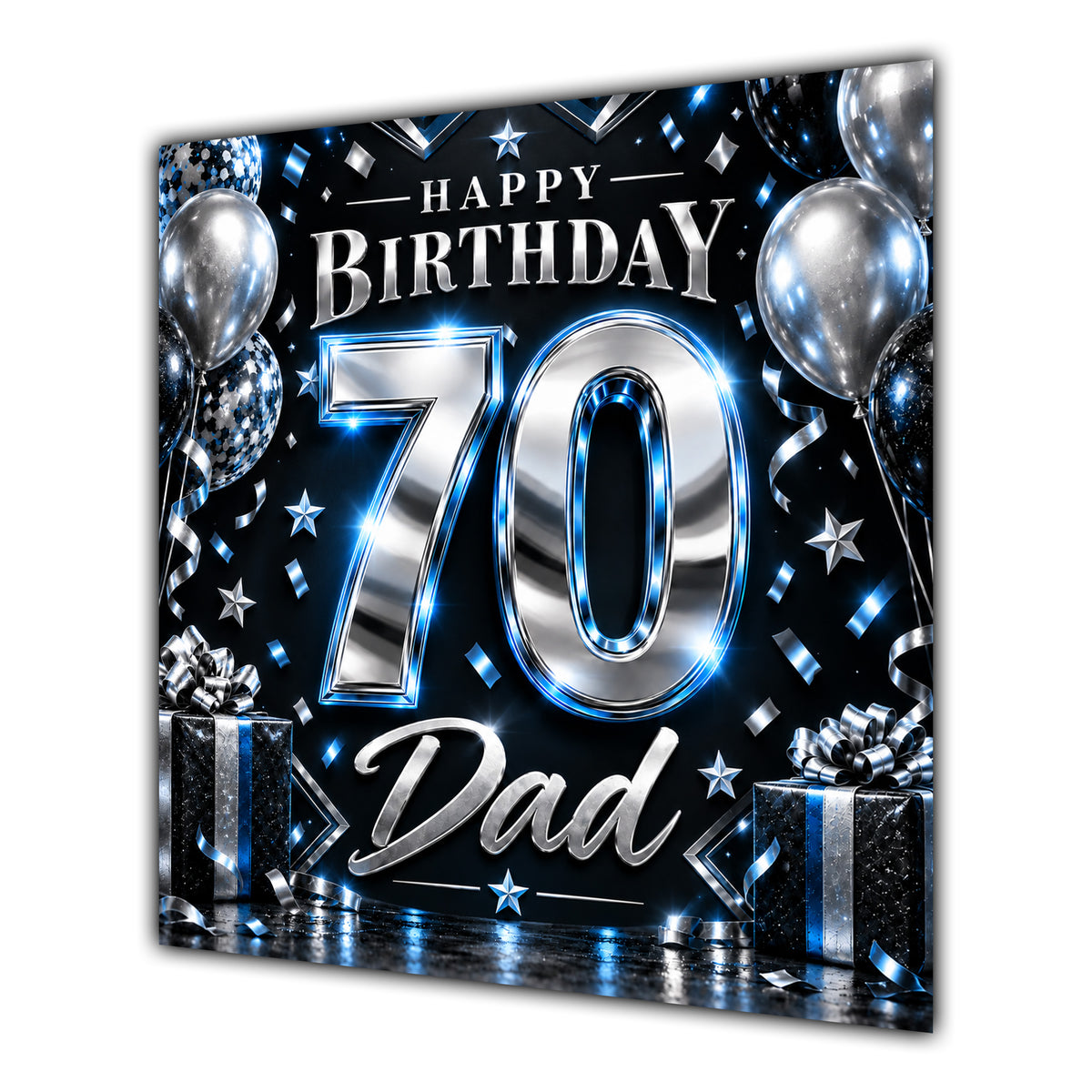 Dad 70th Birthday Card Blue Silver Effect Number Stars