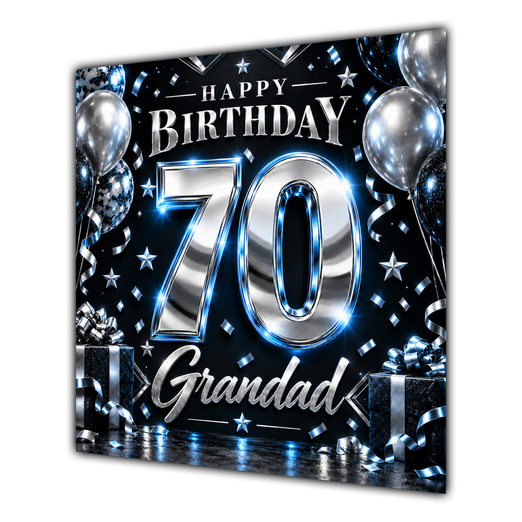 Grandad 70th Birthday Card Blue Silver Effect Number Stars