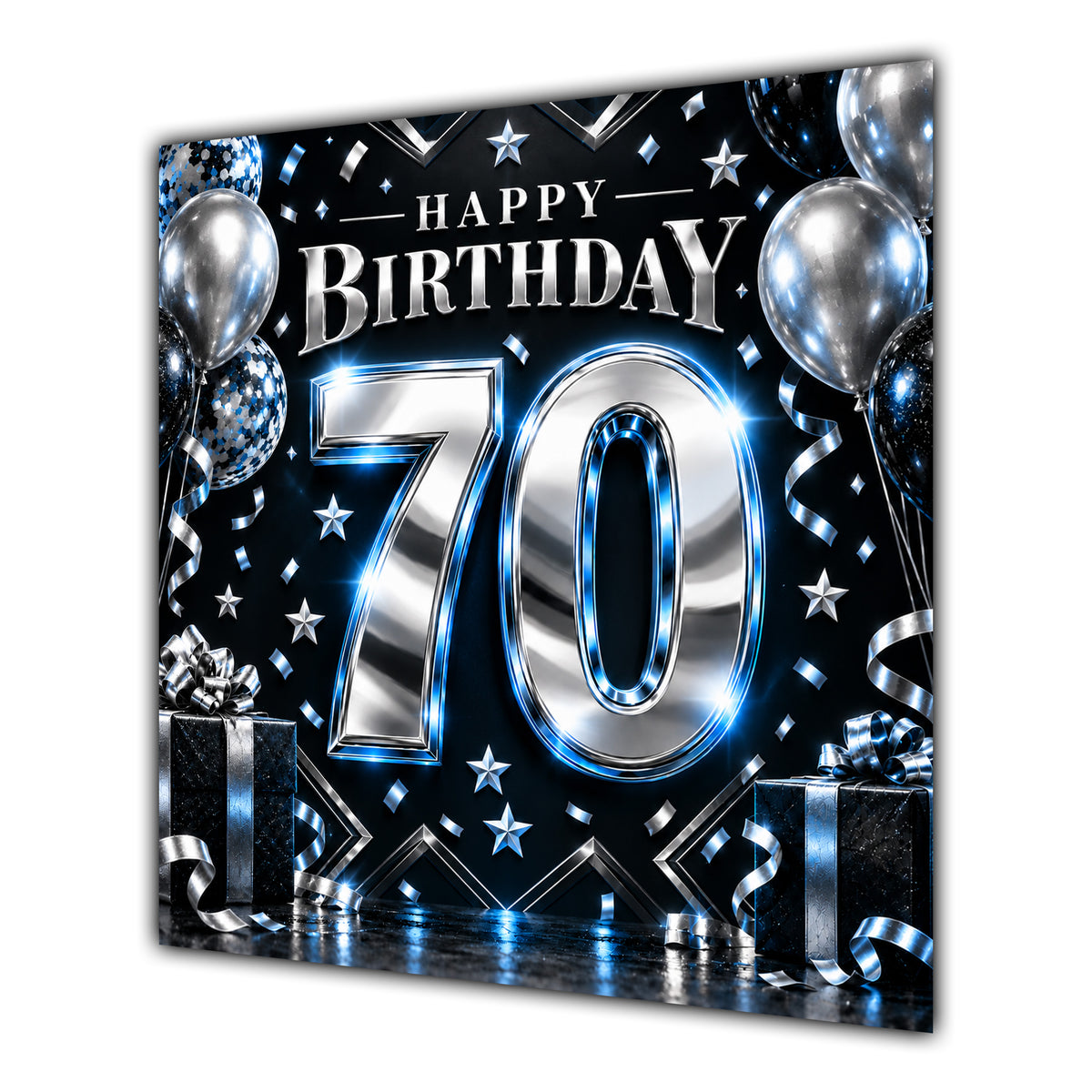 70th Birthday Card Blue Silver Effect Number Stars