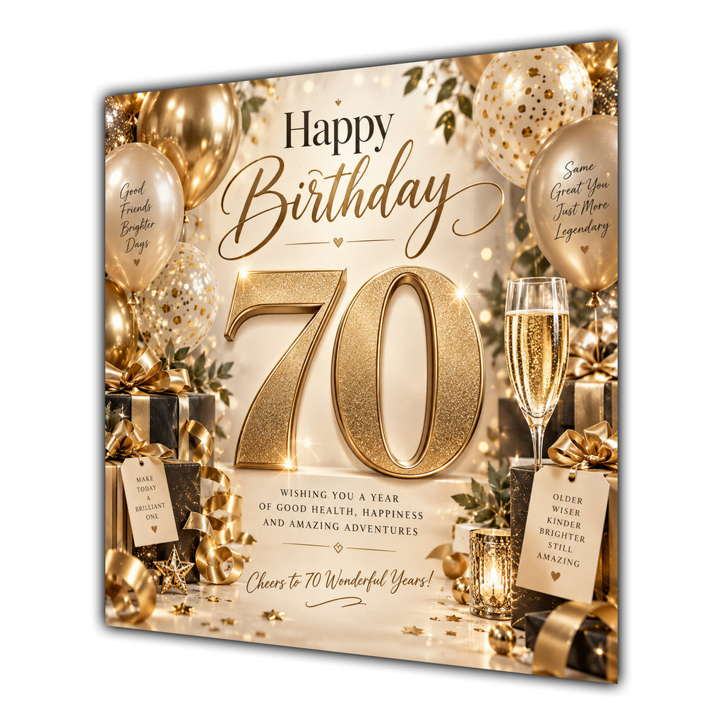 70th Birthday Card Champagne Gold Balloons
