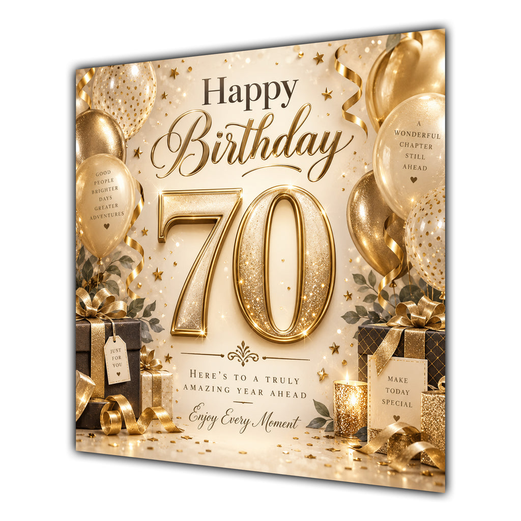 70th Birthday Card Champagne Gold Balloons