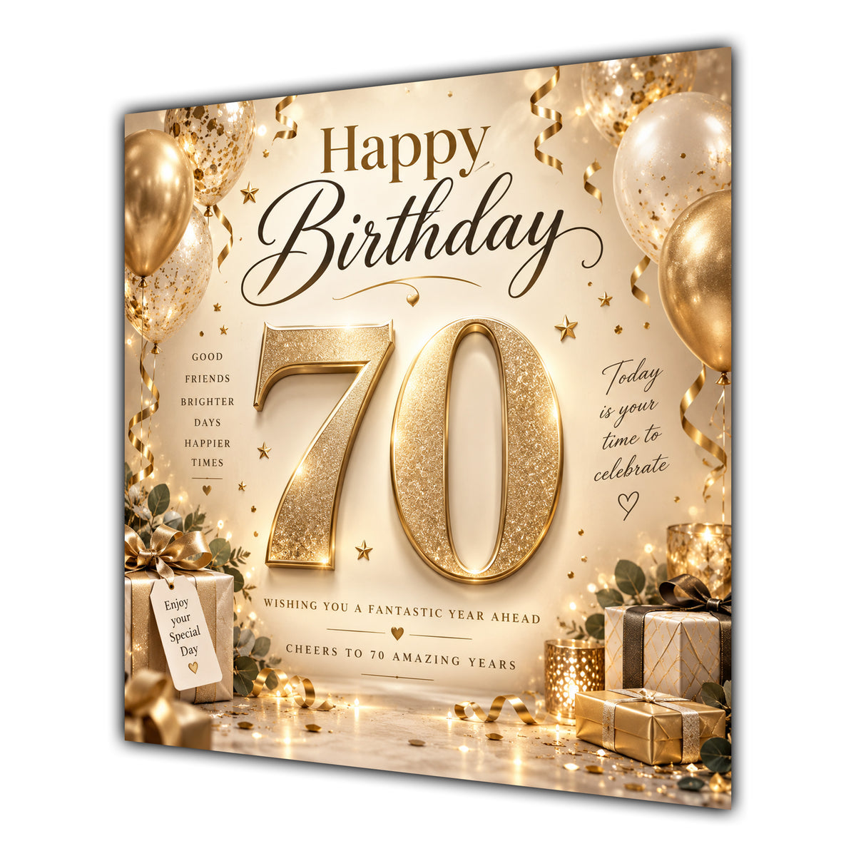 70th Birthday Card Champagne Gold Balloons