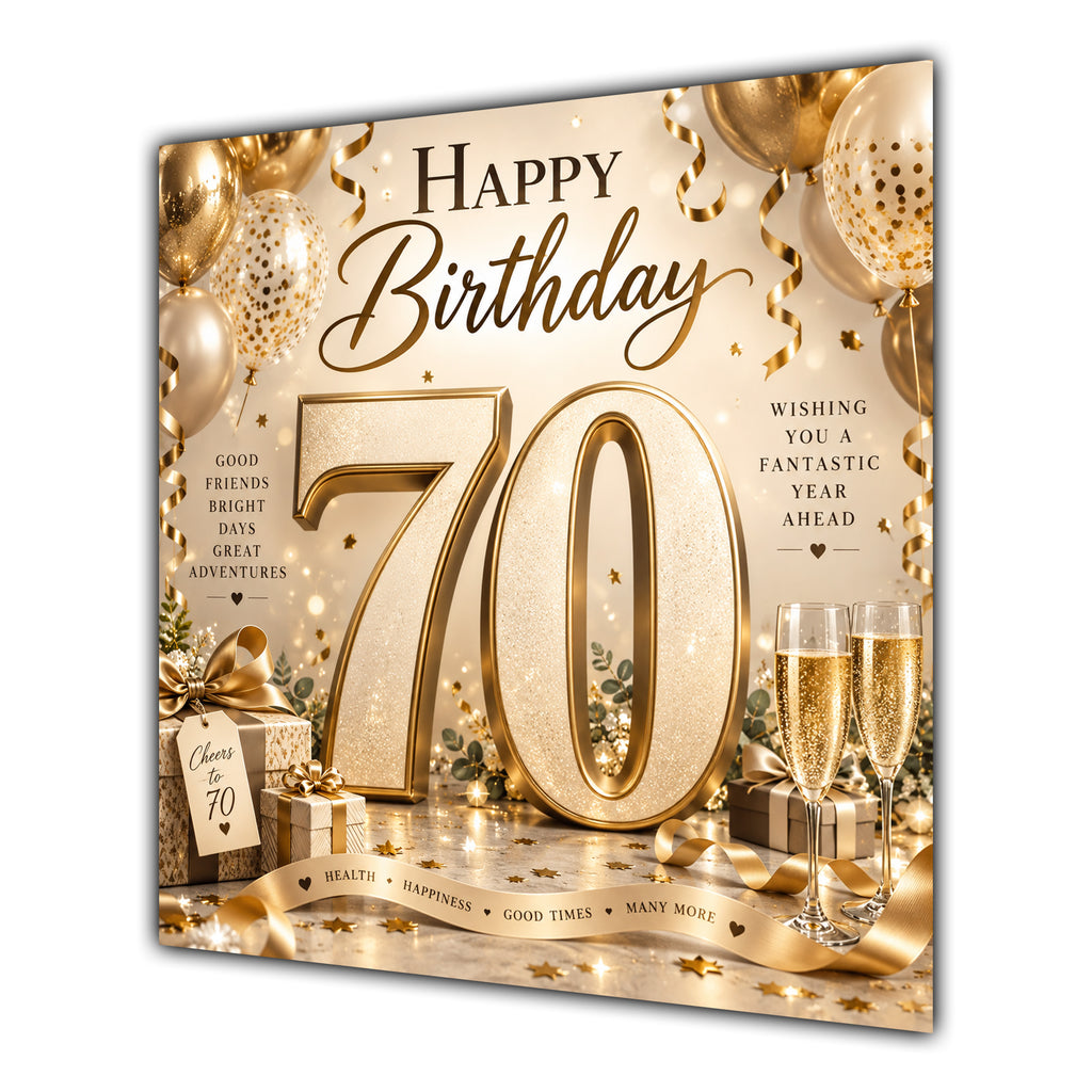 70th Birthday Card Champagne Gold Balloons