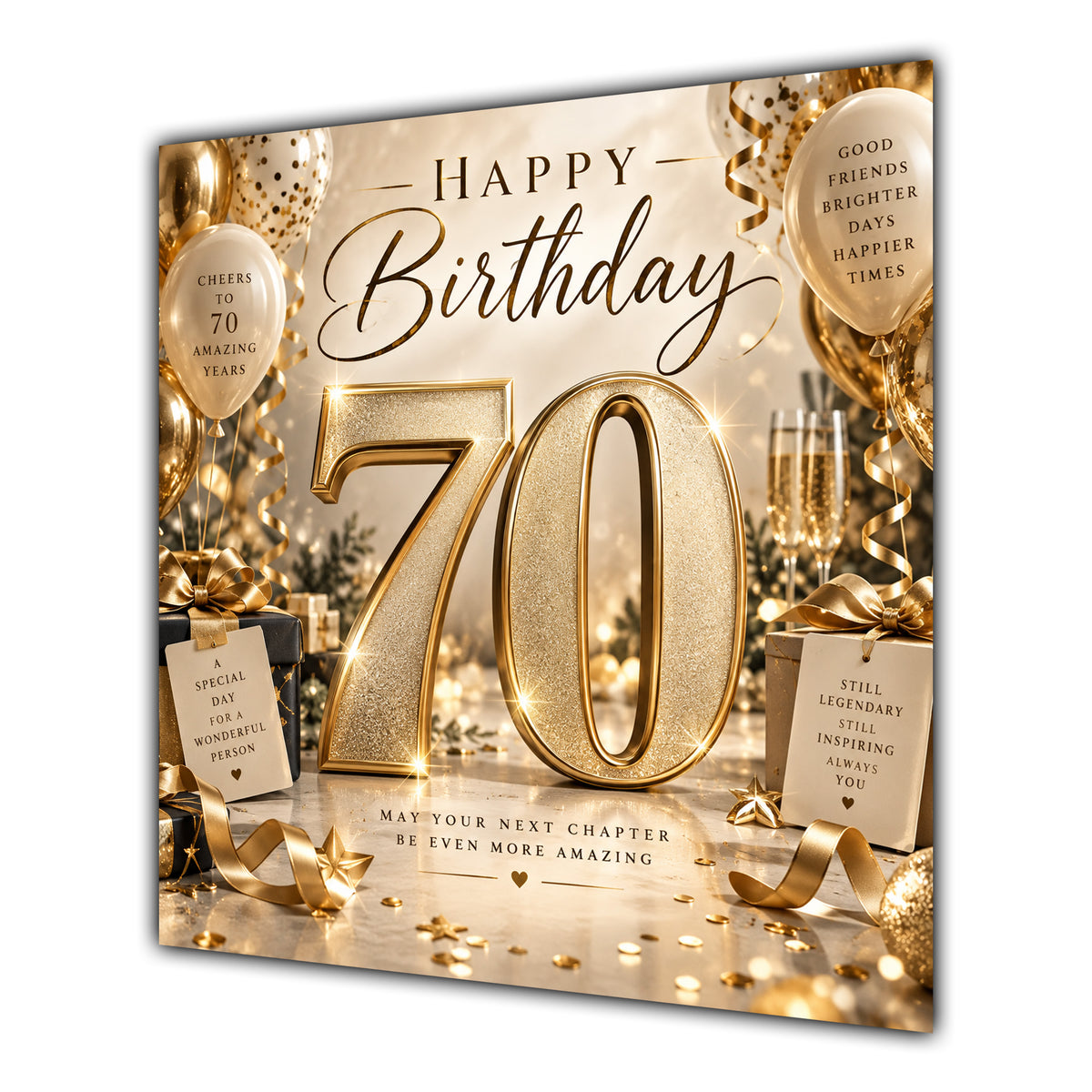 70th Birthday Card Champagne Gold Balloons