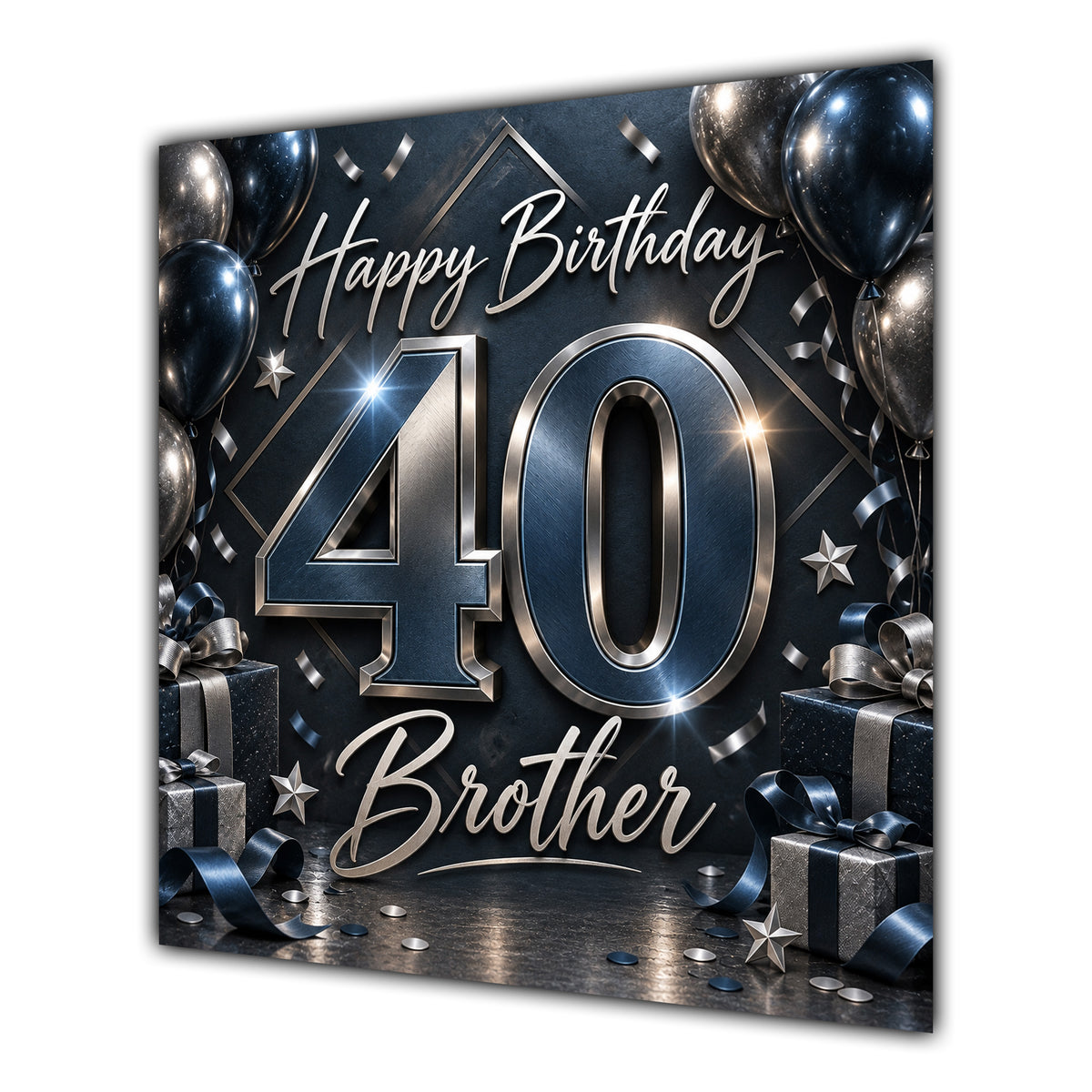 Brother 40th Birthday Card Black Silver Balloons Stars