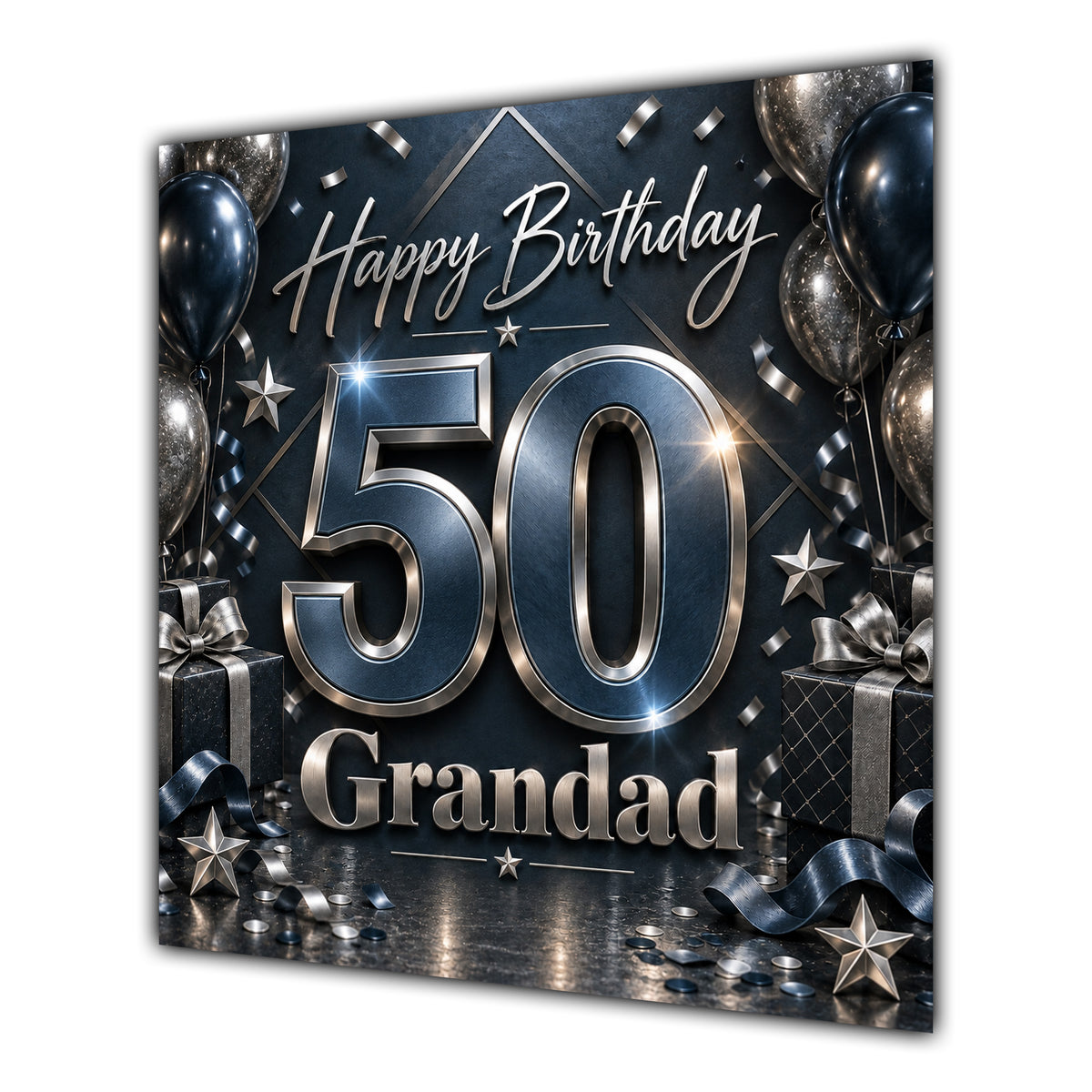 Grandad 50th Birthday Card Black Silver Balloons Stars