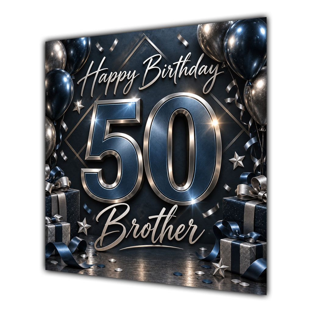 Brother 50th Birthday Card Black Silver Balloons Stars
