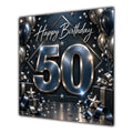 50th Birthday Card Black Silver Balloons Stars