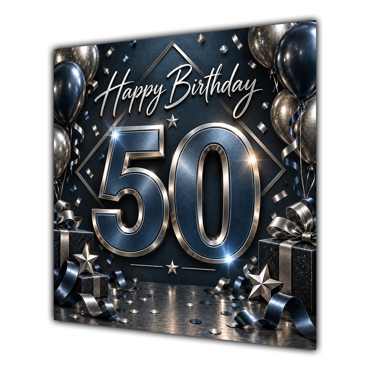 50th Birthday Card Black Silver Balloons Stars