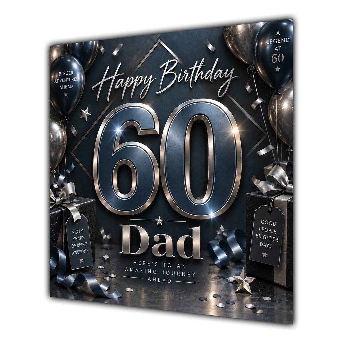 Dad 60th Birthday Card Black Silver Balloons Stars