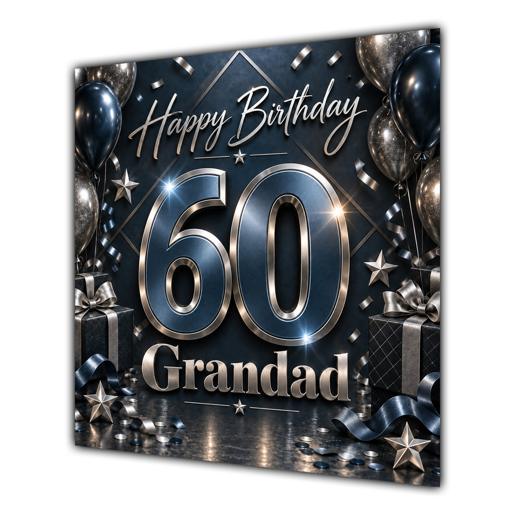 Grandad 60th Birthday Card Black Silver Balloons Stars