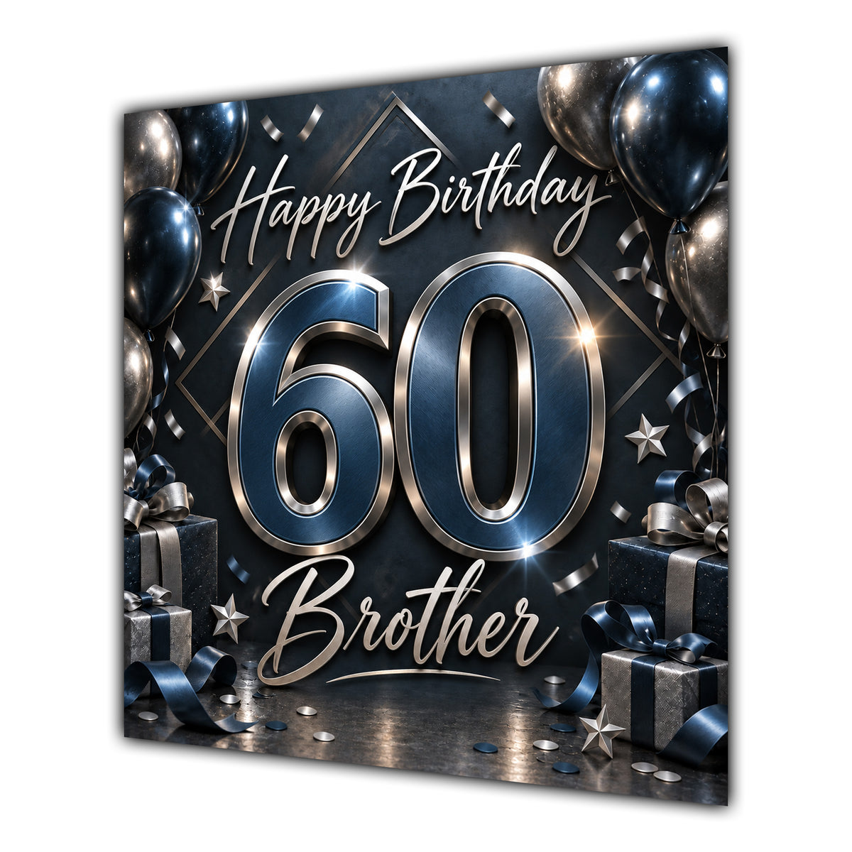 Brother 60th Birthday Card Black Silver Balloons Stars