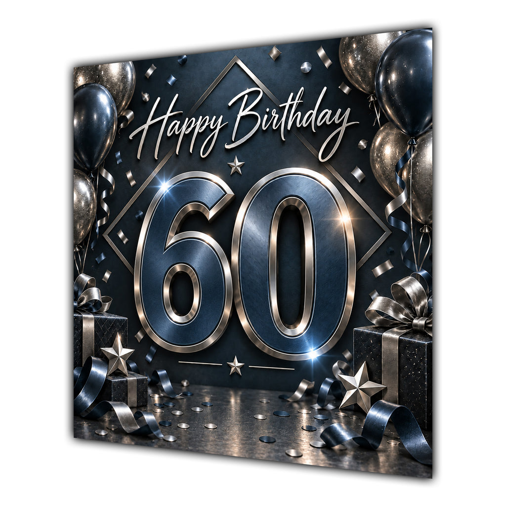 60th Birthday Card Black Silver Balloons Stars