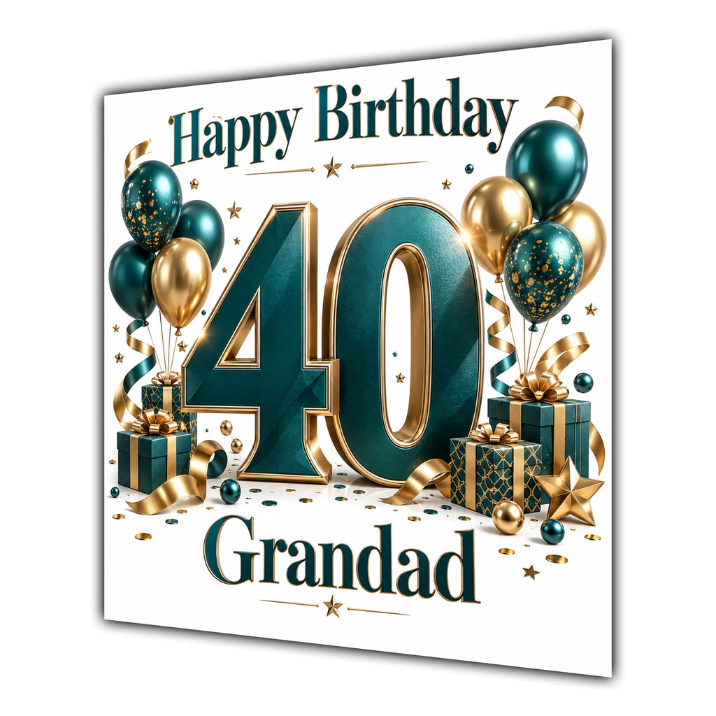 Grandad 40th Birthday Card Green Gold Balloons White