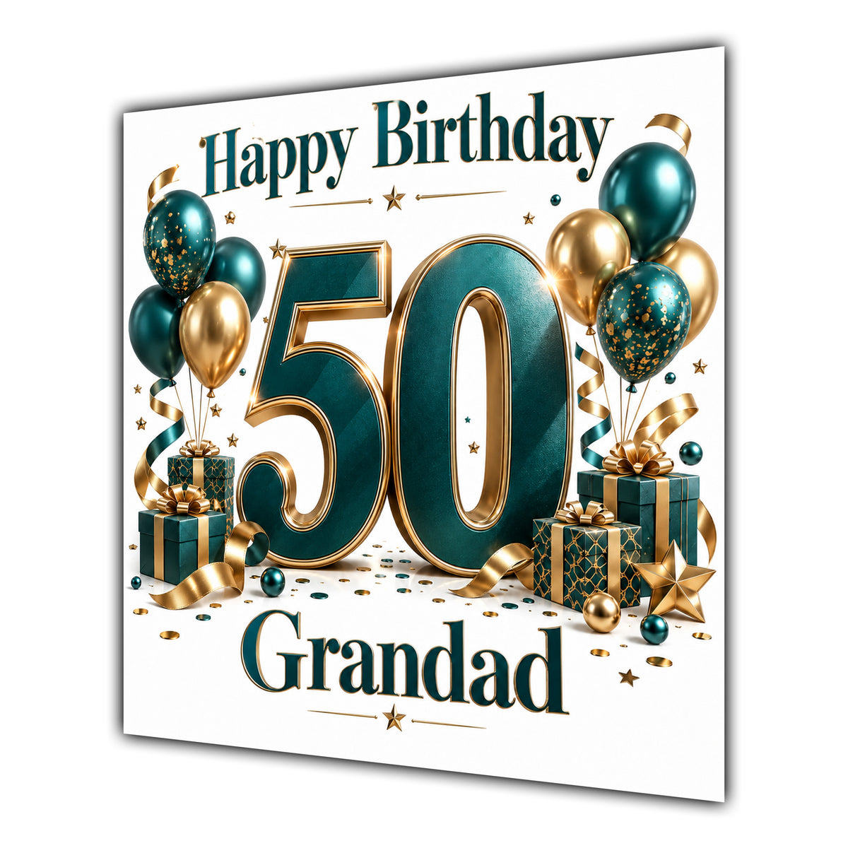 Grandad 50th Birthday Card Green Gold Balloons White