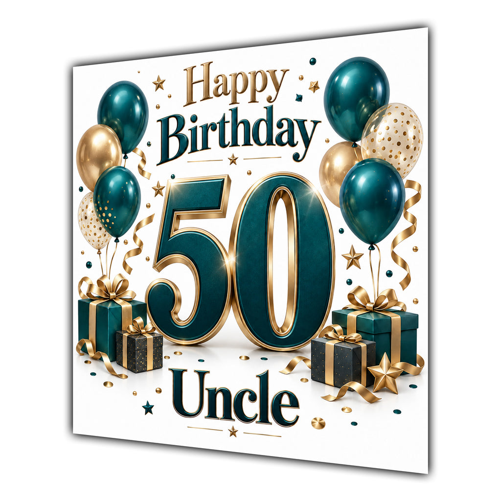 Uncle 50th Birthday Card Green Gold Balloons White
