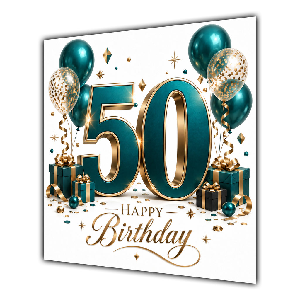 50th Birthday Card Green Gold Balloons White