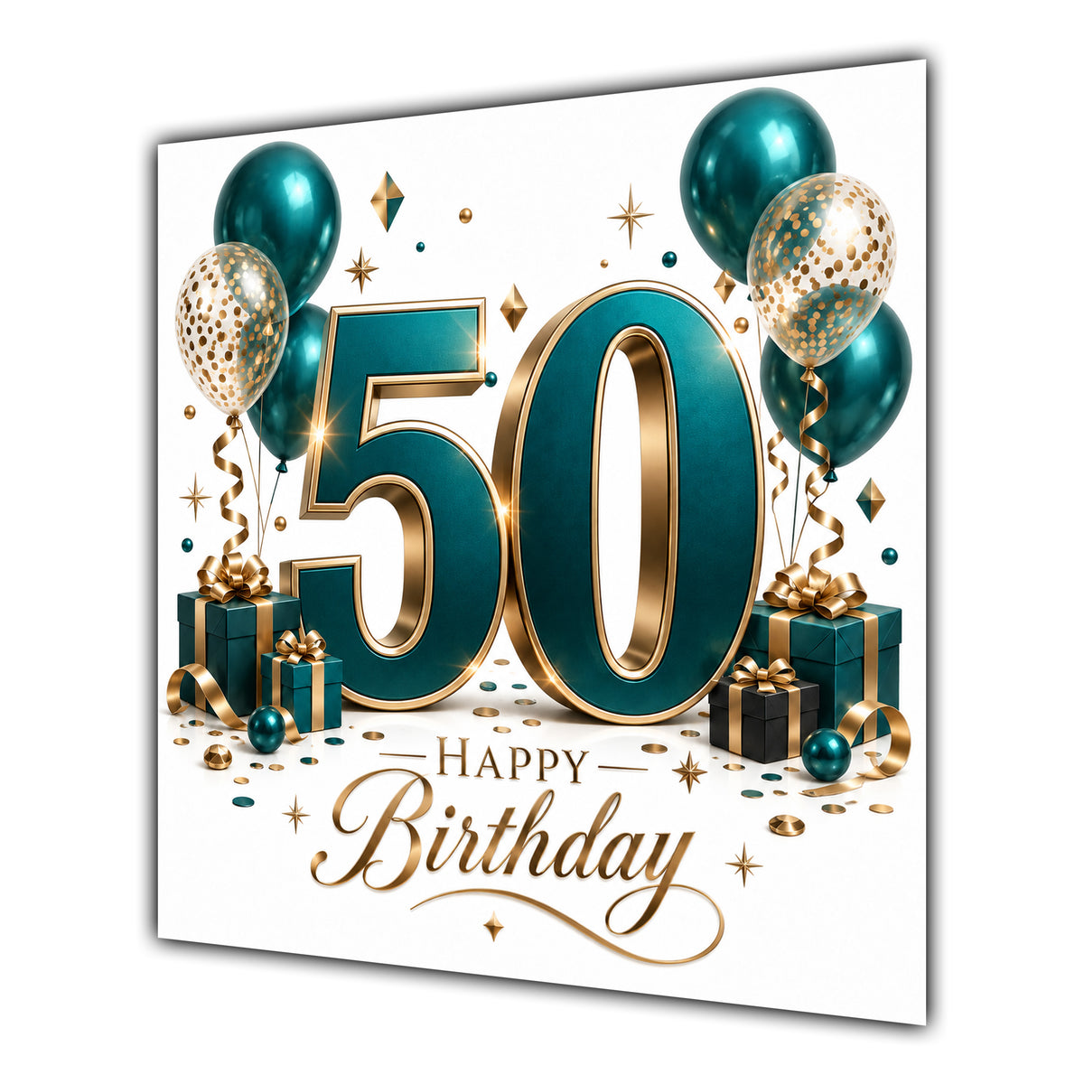 50th Birthday Card Green Gold Balloons White
