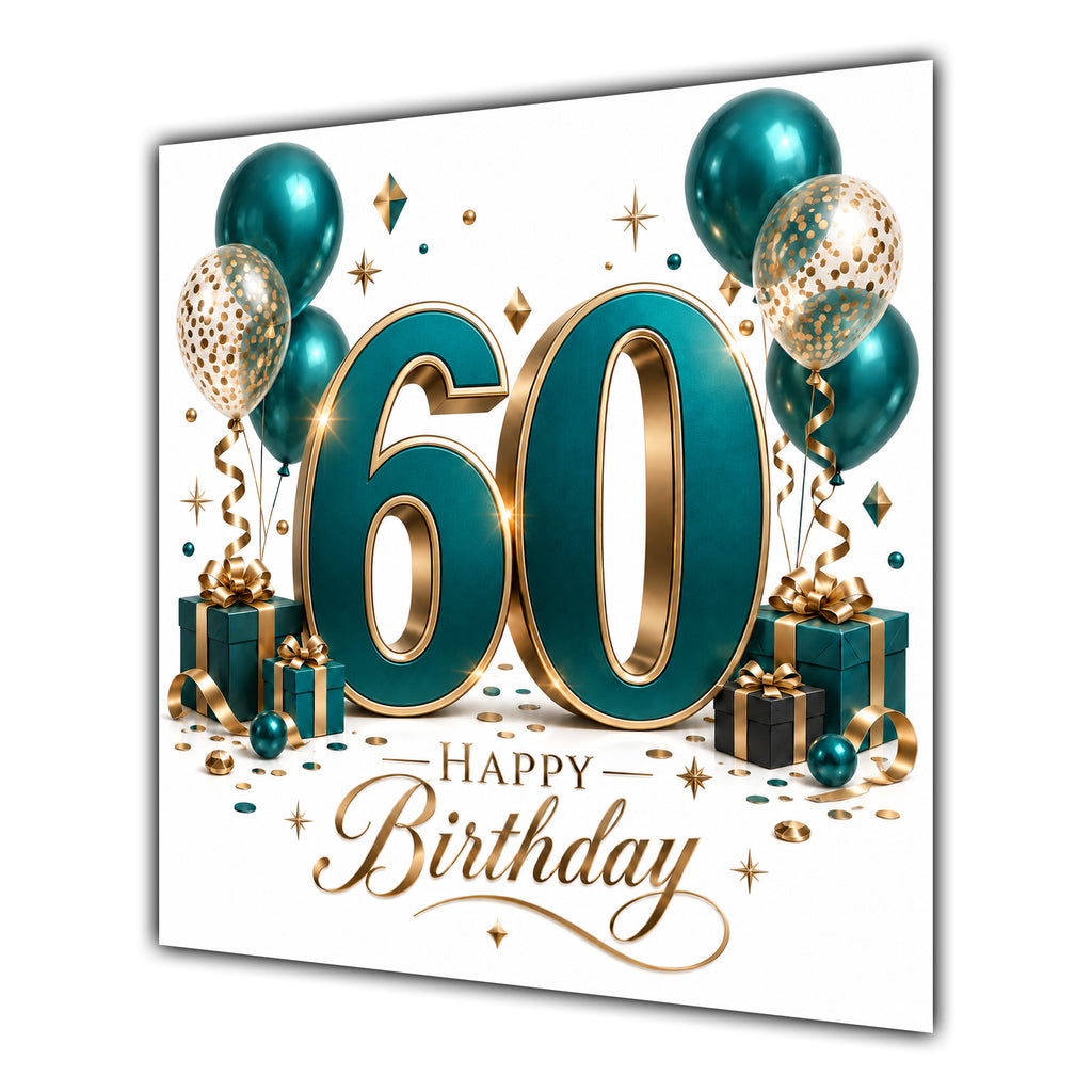 60th Birthday Card Green Gold Balloons White