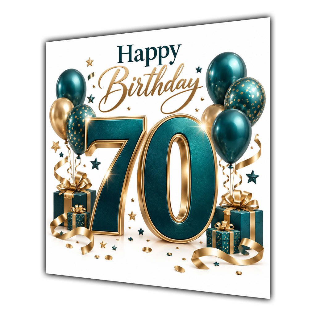 70th Birthday Card Green Gold Balloons White