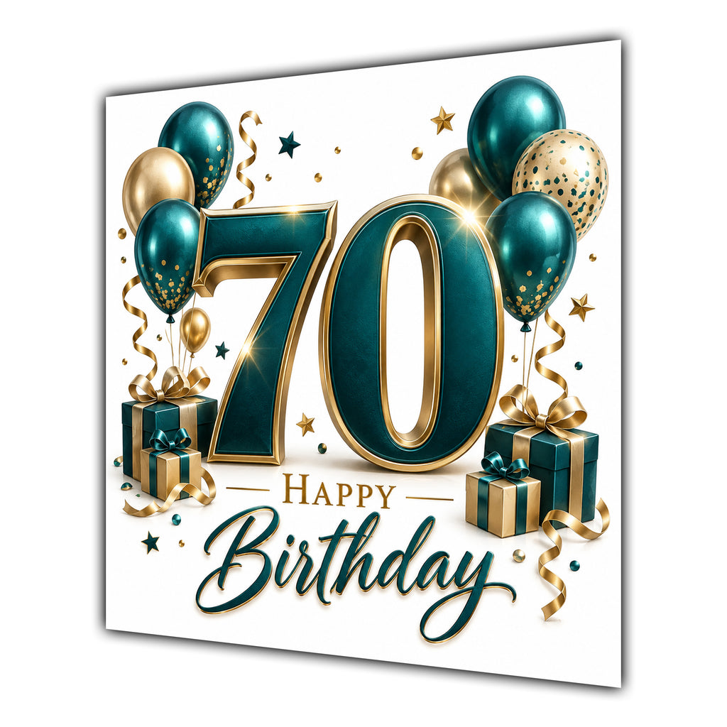 70th Birthday Card Green Gold Balloons White