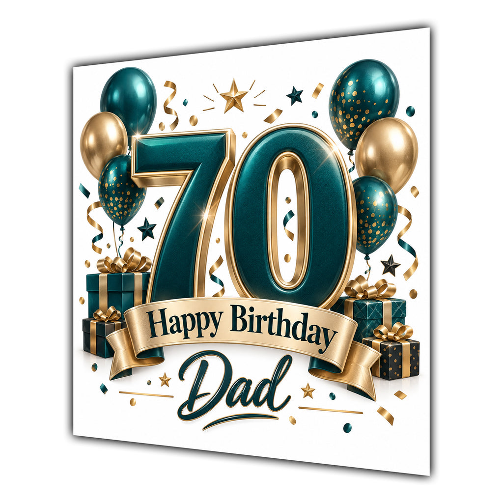 Dad 70th Birthday Card Green Gold Balloons White