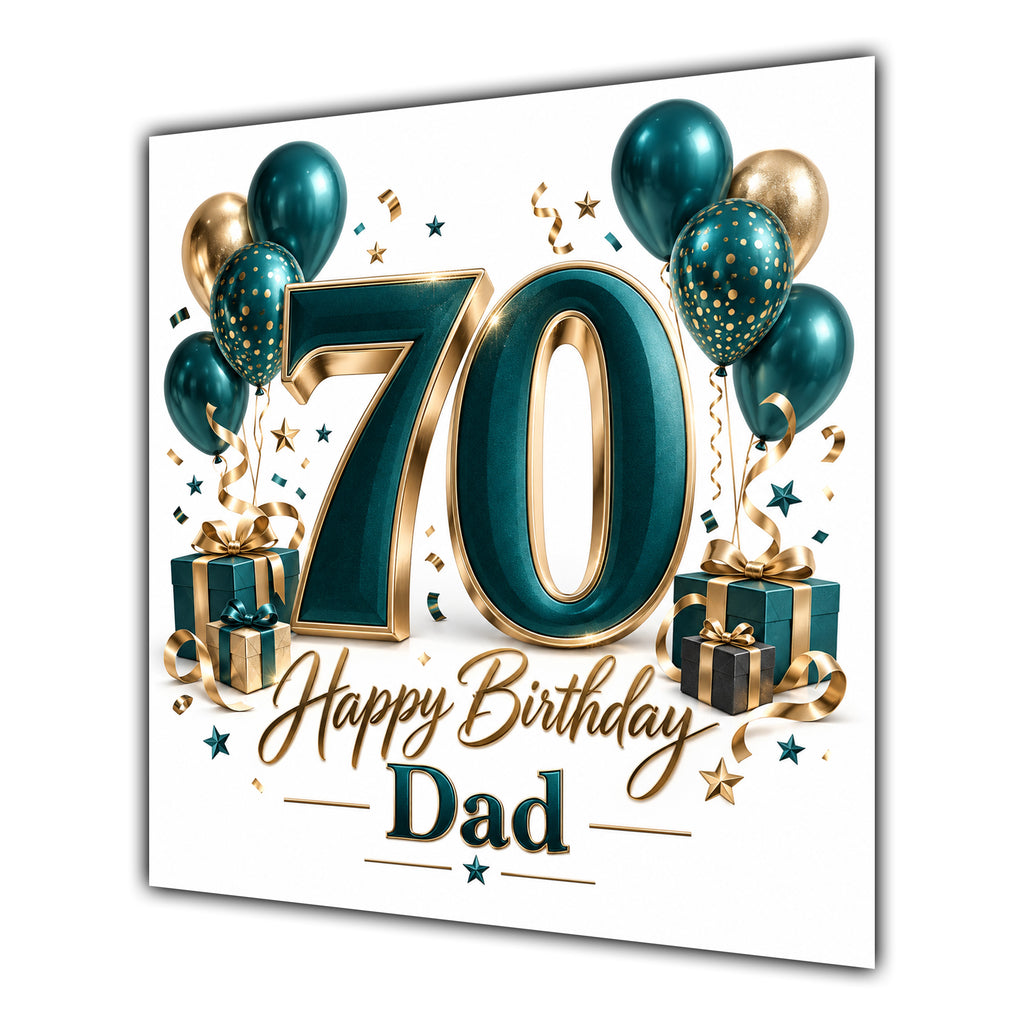 Dad 70th Birthday Card Green Gold Balloons White