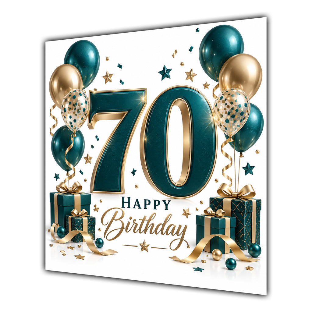 70th Birthday Card Green Gold Balloons White