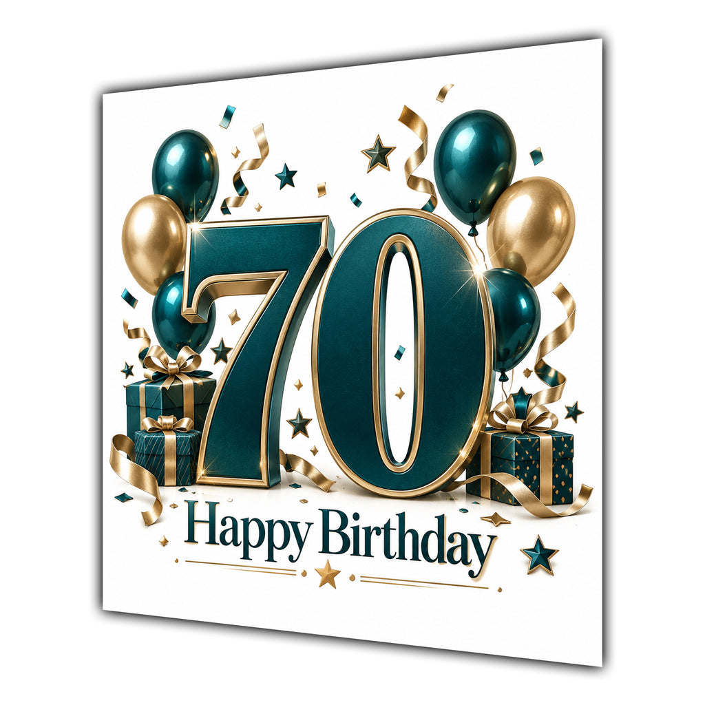 70th Birthday Card Green Gold Balloons White