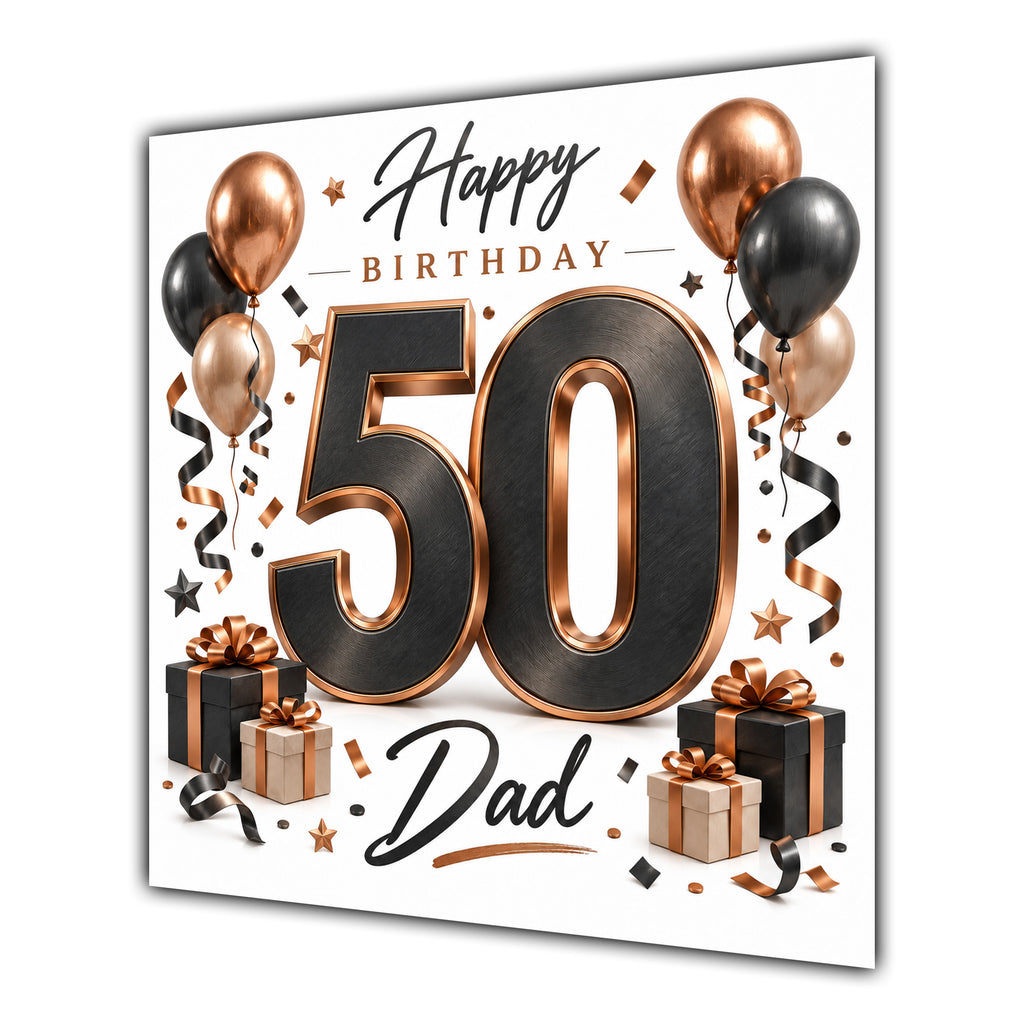 Dad 50th Birthday Card Black Copper Balloons White