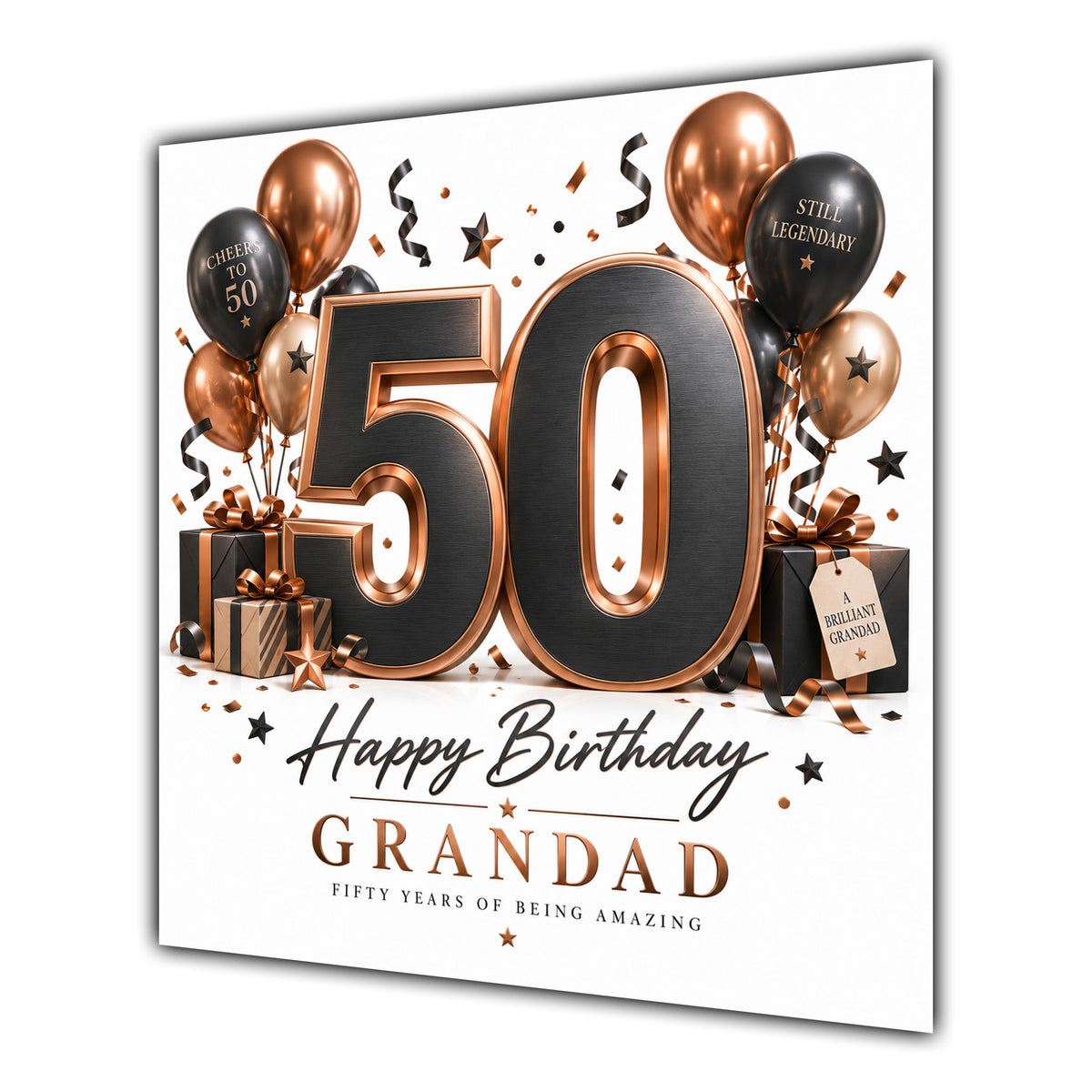 Grandad 50th Birthday Card Black Copper Balloons White