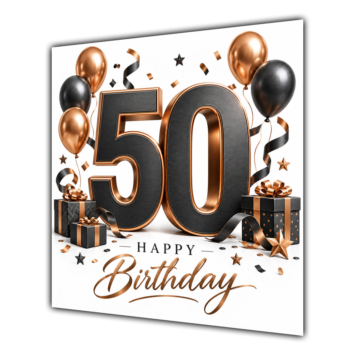 50th Birthday Card Black Copper Balloons White