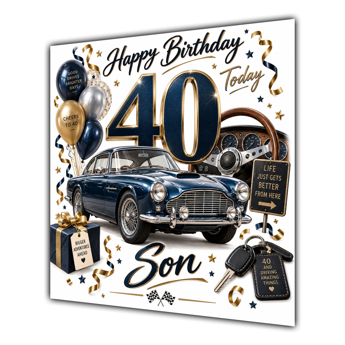 Son 40th Birthday Card Classic Car Balloons