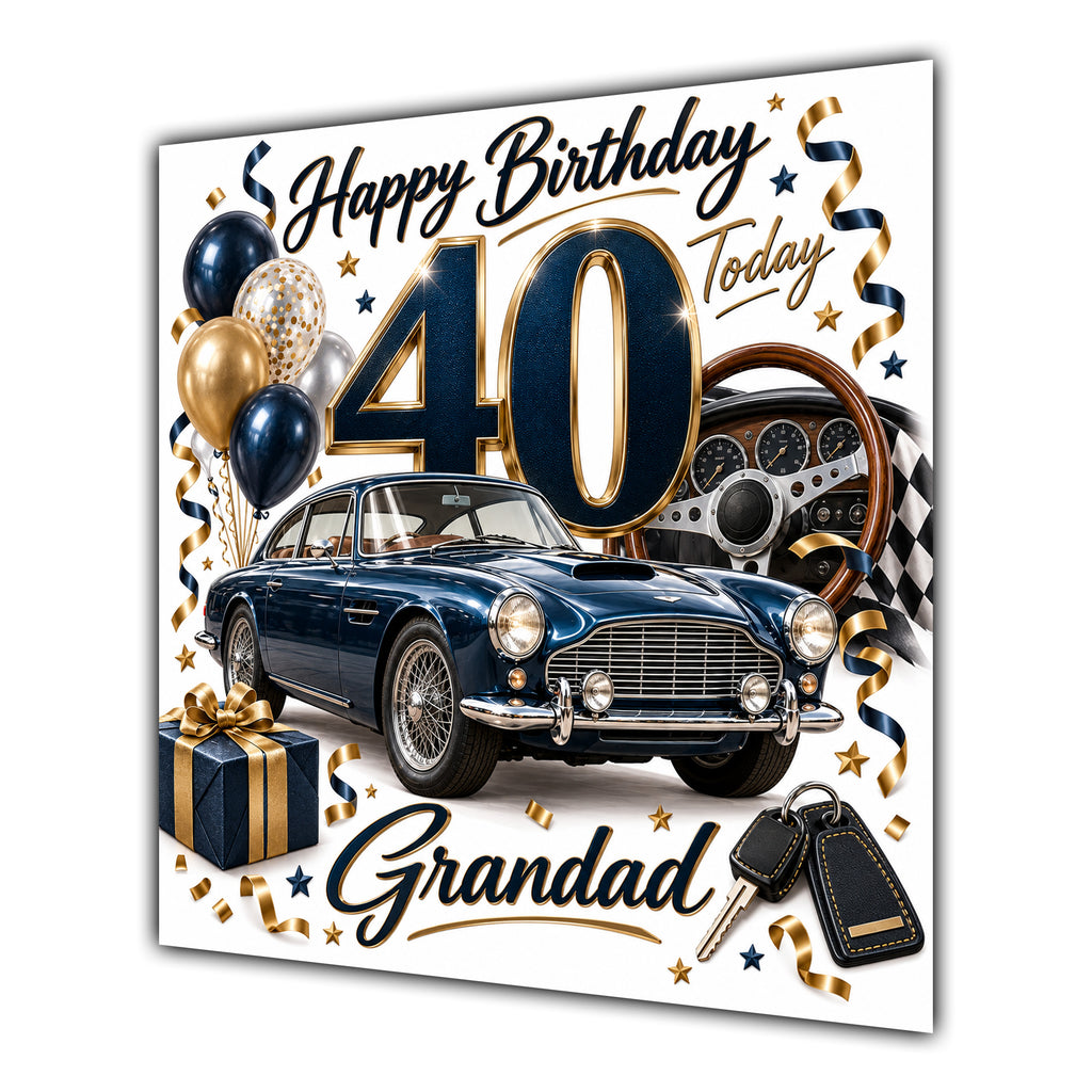 Grandad 40th Birthday Card Classic Car Balloons