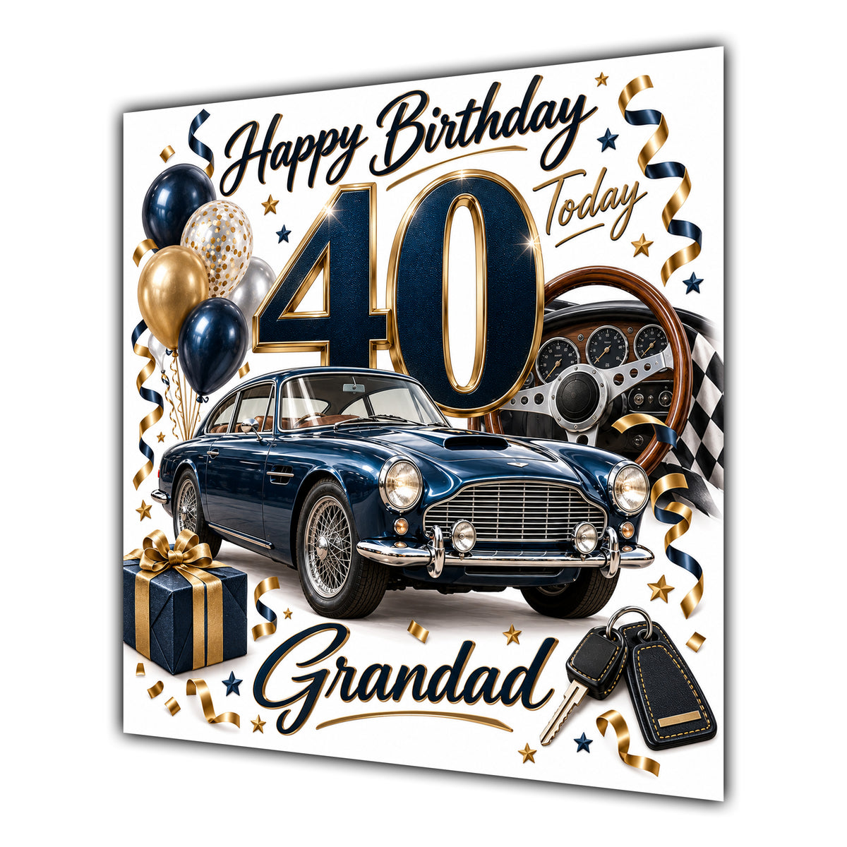 Grandad 40th Birthday Card Classic Car Balloons