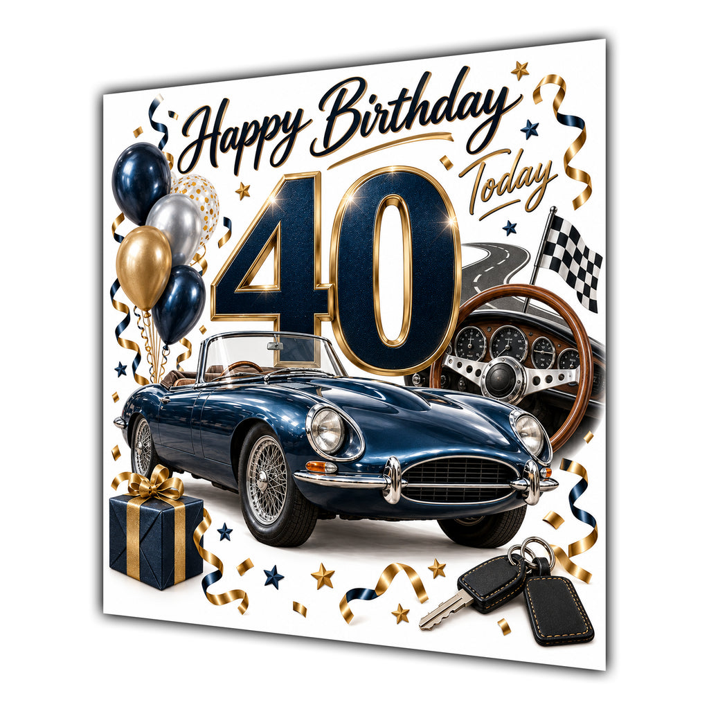 40th Birthday Card Classic Car Balloons