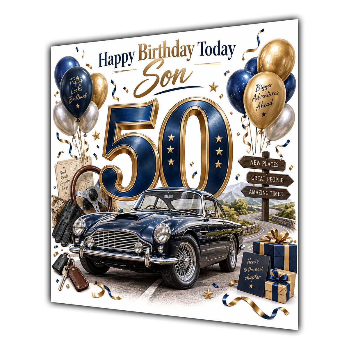 Son 50th Birthday Card Classic Car Balloons