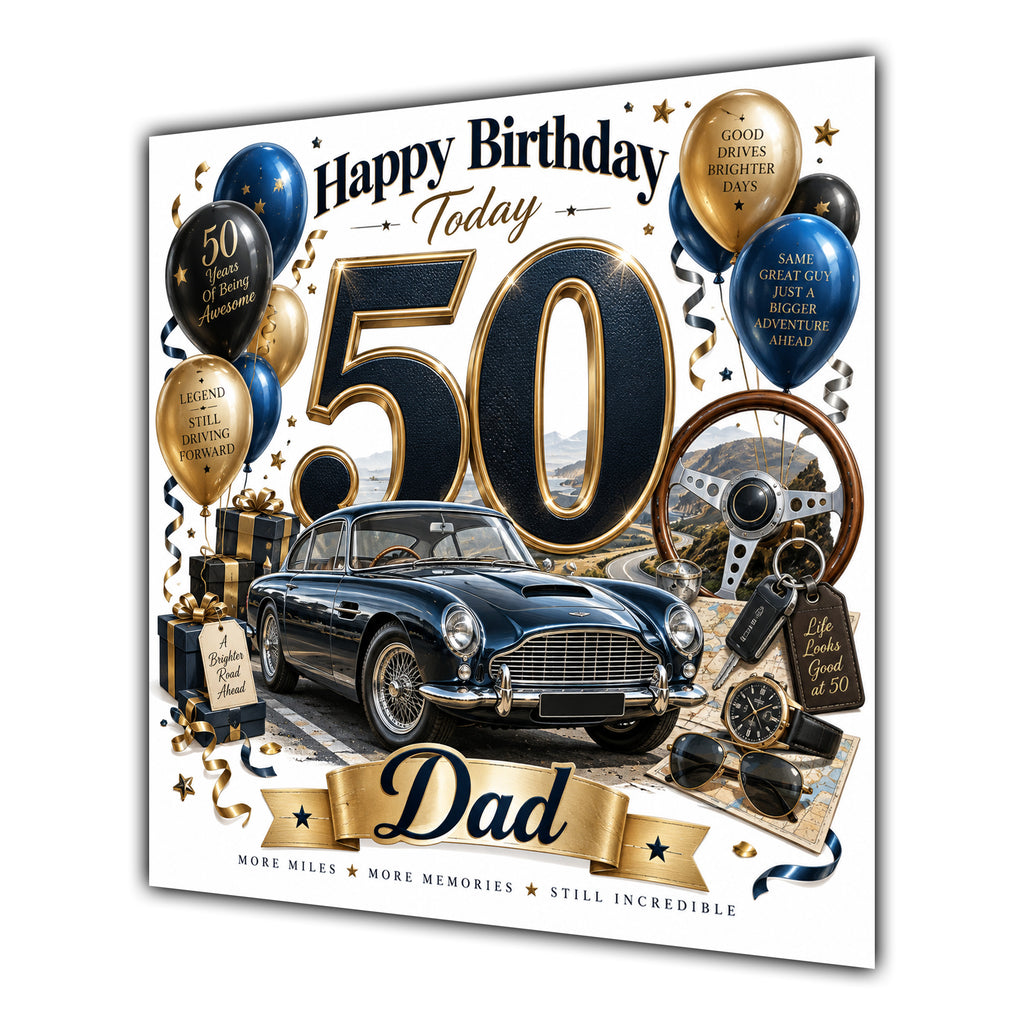 Dad 50th Birthday Card Classic Car Balloons