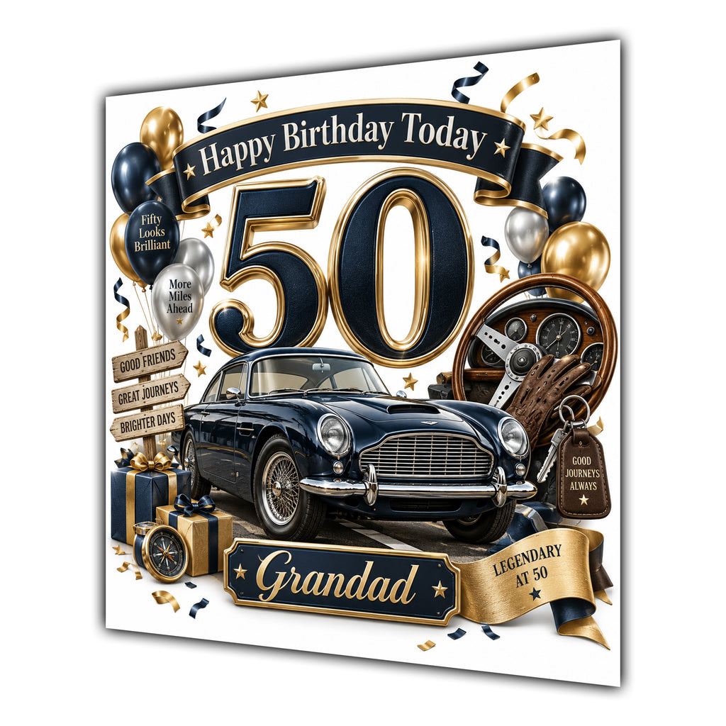 Grandad 50th Birthday Card Classic Car Balloons