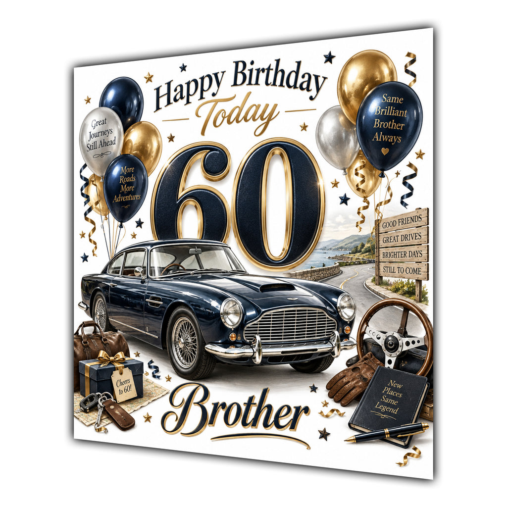 Brother 60th Birthday Card Classic Car Balloons