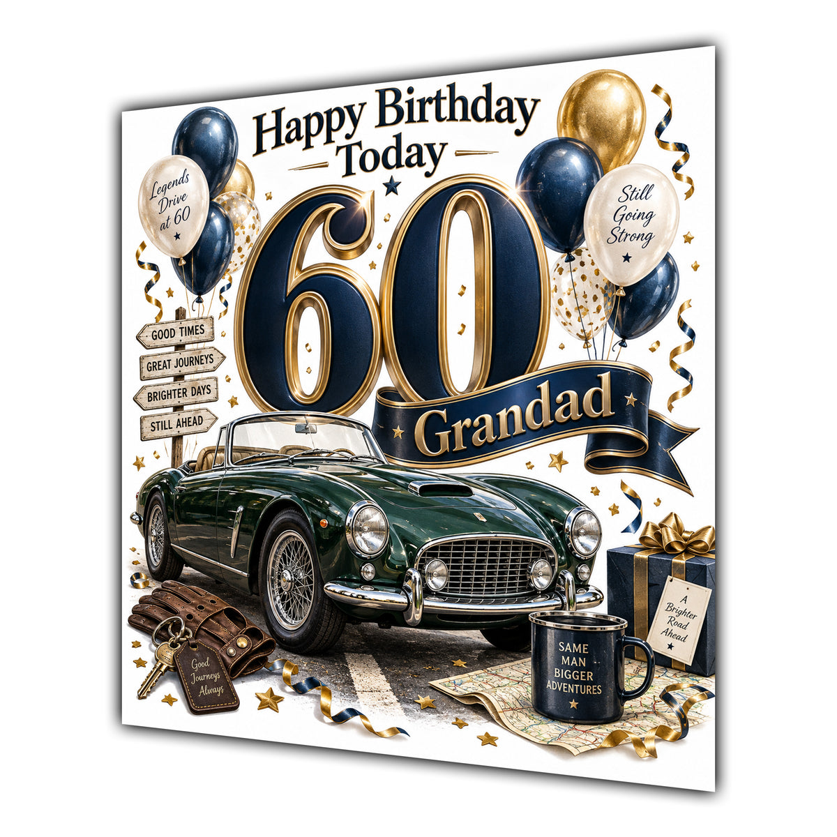 Grandad 60th Birthday Card Classic Car Balloons
