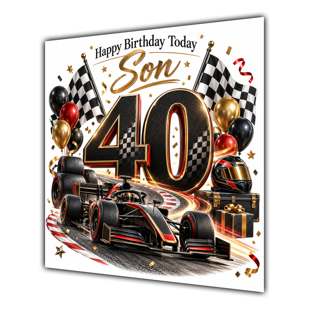 Son 40th Birthday Card Racing Car Chequered Flags
