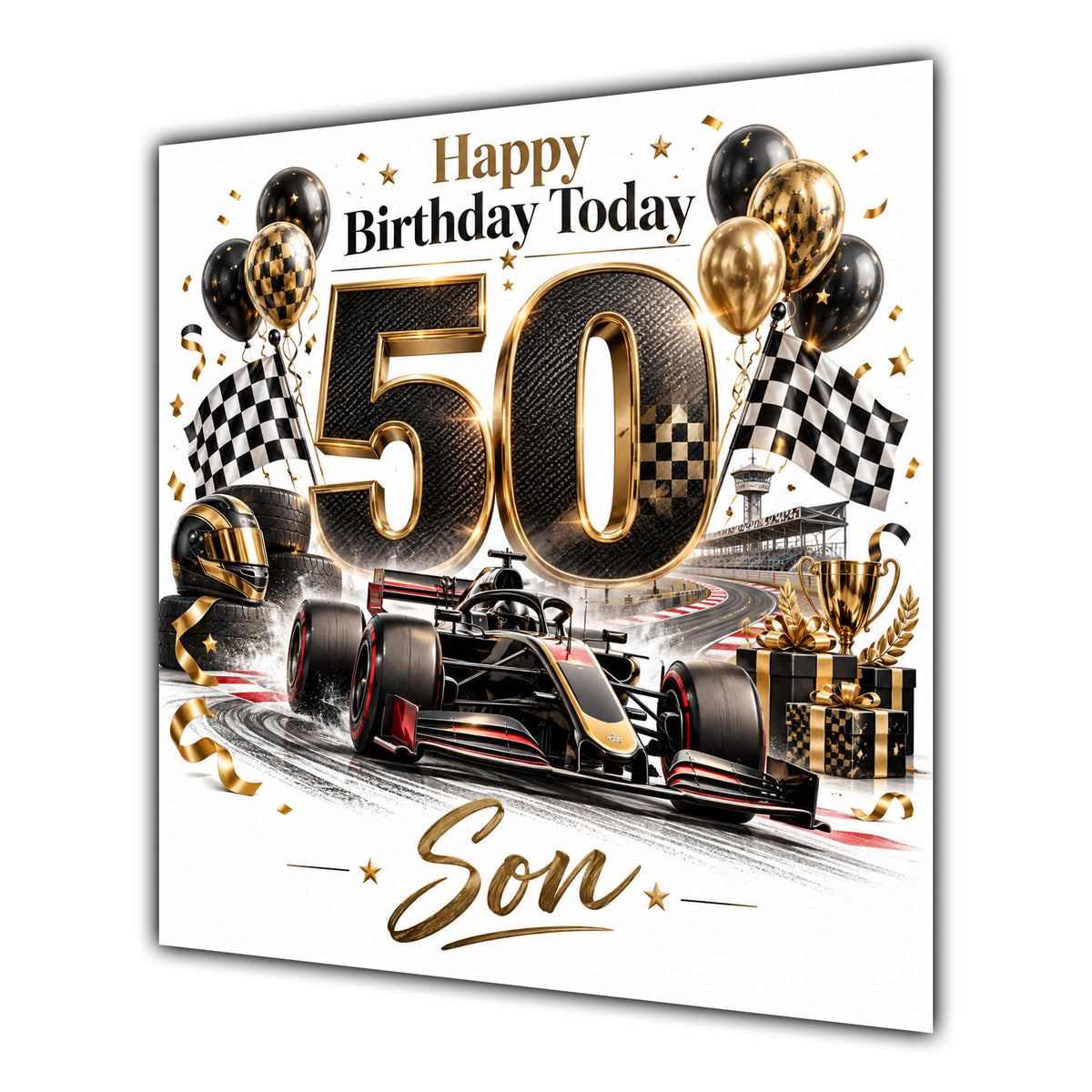 Son 50th Birthday Card Racing Car Chequered Flags
