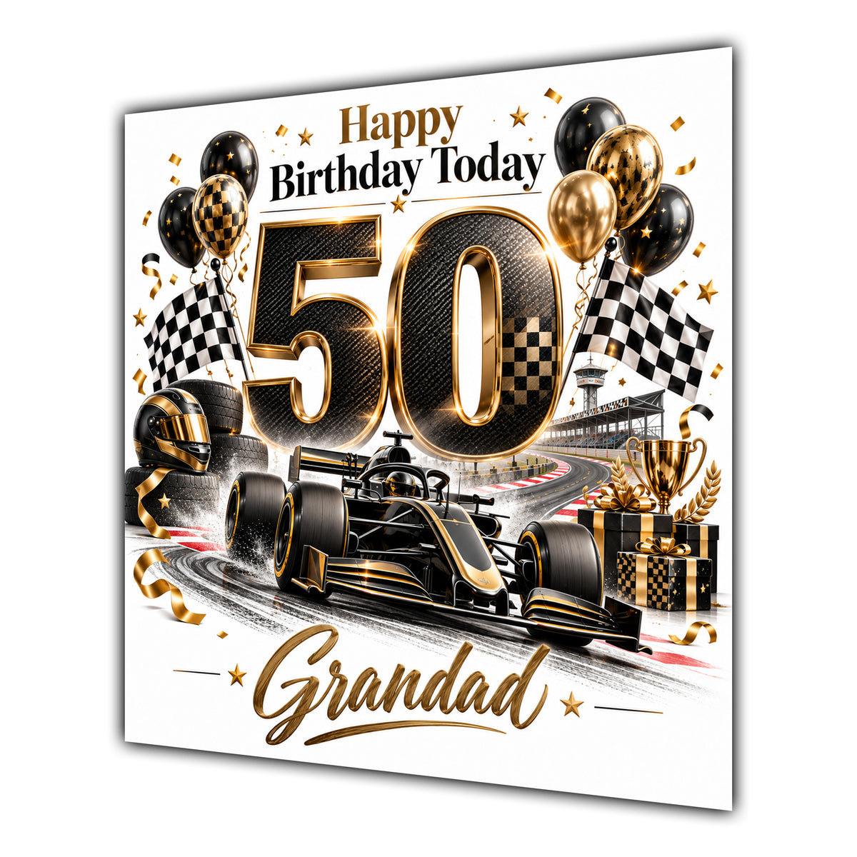 Grandad 50th Birthday Card Racing Car Chequered Flags