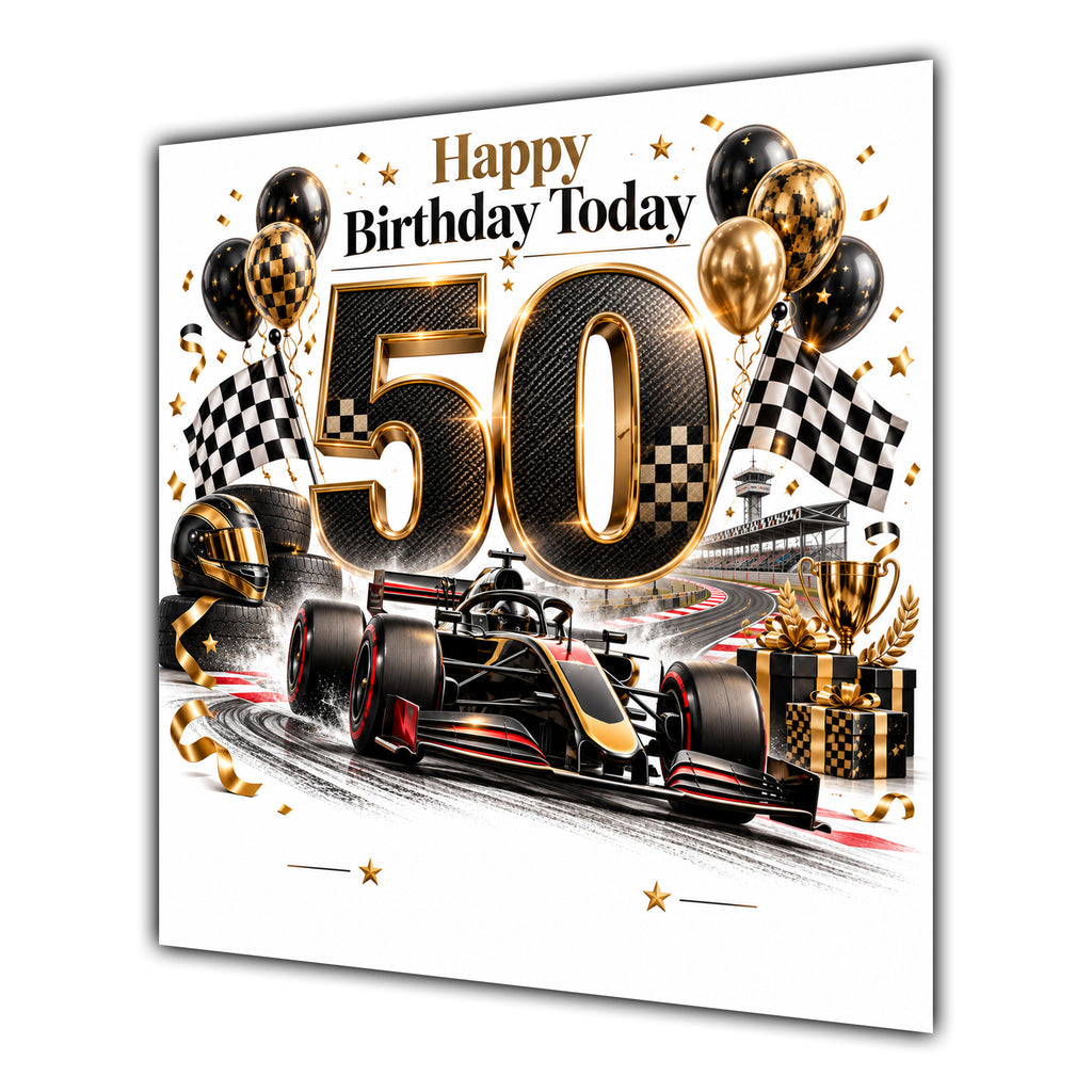 50th Birthday Card Racing Car Chequered Flags