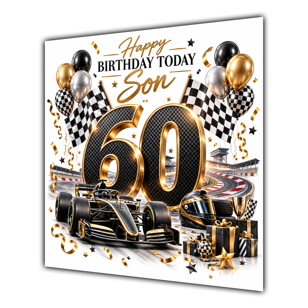 Son 60th Birthday Card Racing Car Chequered Flags
