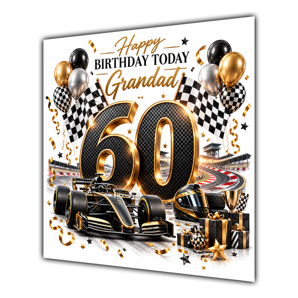 Grandad 60th Birthday Card Racing Car Chequered Flags