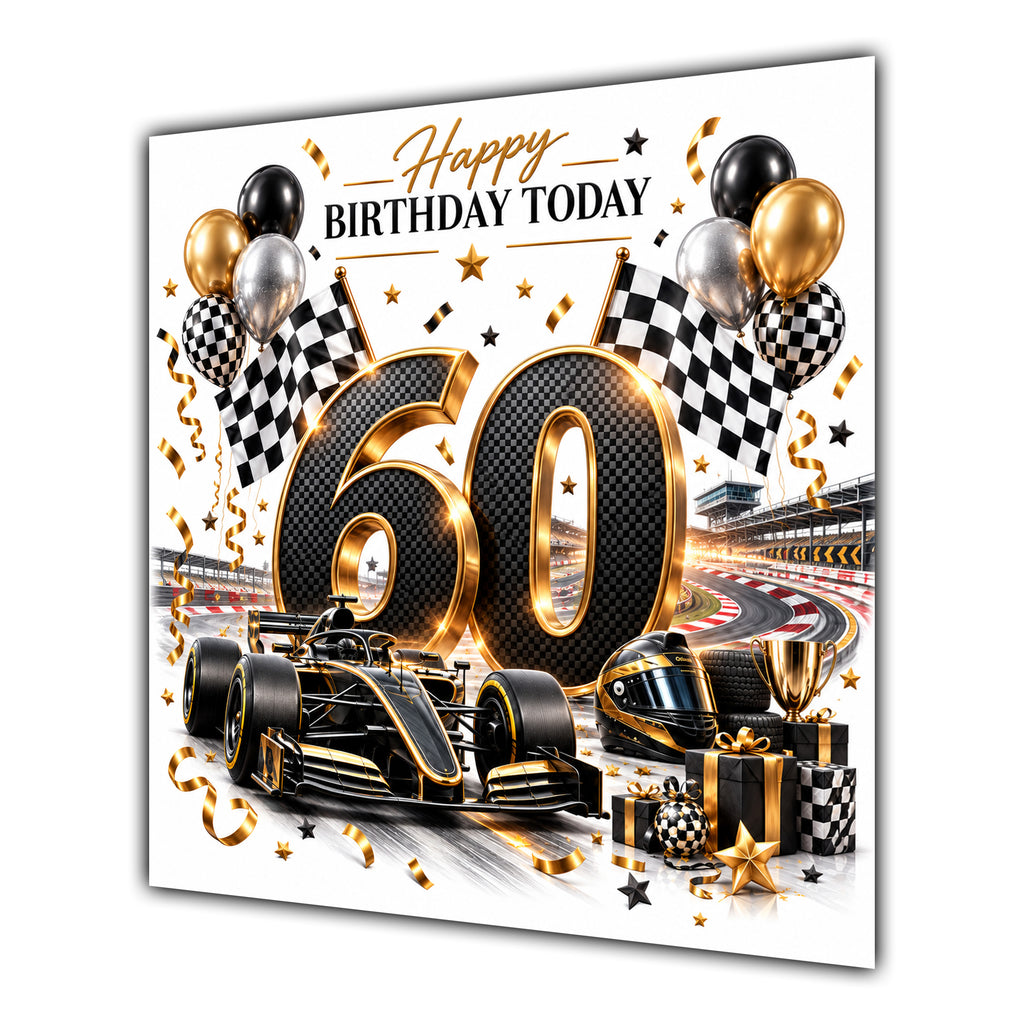 60th Birthday Card Racing Car Chequered Flags