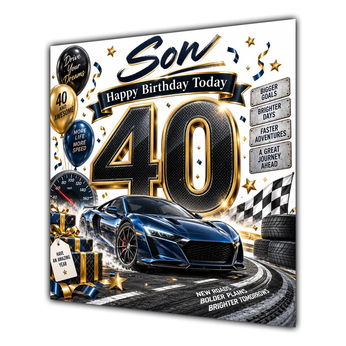 Son 40th Birthday Card Sports Car Chequered Flags